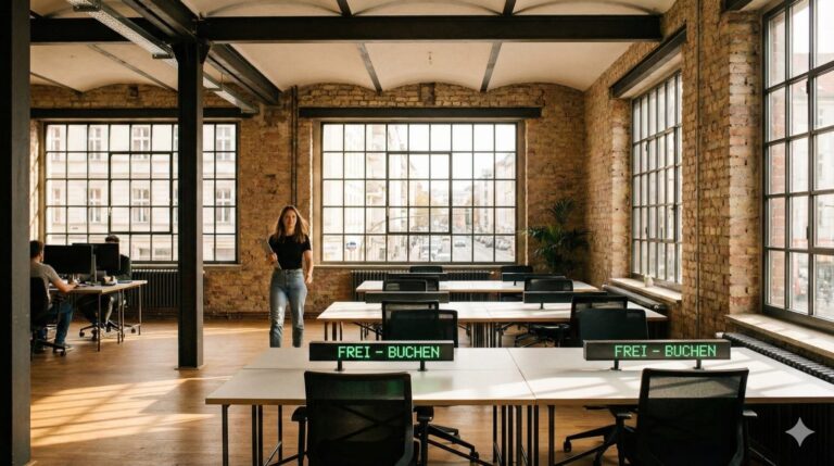 Desk Sharing: Ein offenes, lichtdurchflutetes Büro in einem Berliner Altbau-Loft mit hohen Decken und Industriecharme. Im Vordergrund eine junge Frau mit Laptop unter dem Arm, die selbstbewusst auf eine Reihe identisch ausgestatteter Schreibtische zugeht. Einige Plätze sind besetzt, andere leer mit leuchtenden grünen Verfügbarkeitsanzeigen auf kleinen Displays. Im Hintergrund eine raumhohe Fensterfront mit Blick auf eine belebte Straße. Warmes Nachmittagslicht, dynamische Atmosphäre, leichtes Bokeh. Reales Foto, Format 16:9. S
