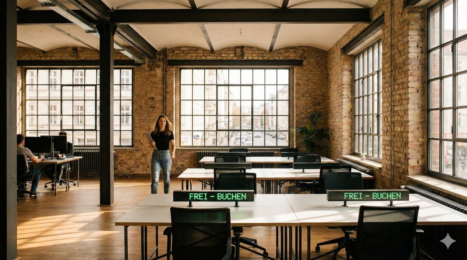 Desk Sharing: Ein offenes, lichtdurchflutetes Büro in einem Berliner Altbau-Loft mit hohen Decken und Industriecharme. Im Vordergrund eine junge Frau mit Laptop unter dem Arm, die selbstbewusst auf eine Reihe identisch ausgestatteter Schreibtische zugeht. Einige Plätze sind besetzt, andere leer mit leuchtenden grünen Verfügbarkeitsanzeigen auf kleinen Displays. Im Hintergrund eine raumhohe Fensterfront mit Blick auf eine belebte Straße. Warmes Nachmittagslicht, dynamische Atmosphäre, leichtes Bokeh. Reales Foto, Format 16:9. S