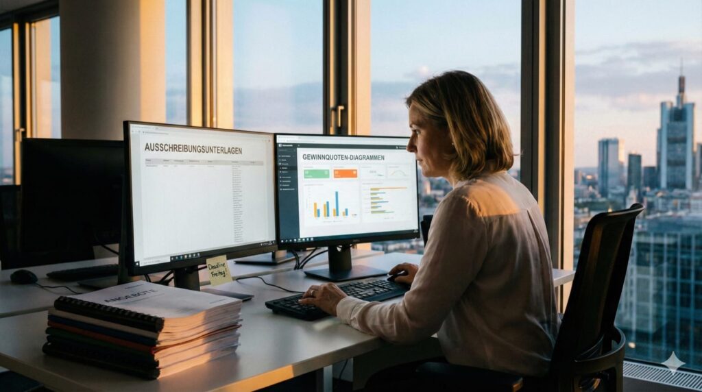 Tender Management: Eine Geschäftsfrau Mitte 40 in einem modernen Büro, die konzentriert vor zwei großen Monitoren sitzt, auf denen Ausschreibungsdokumente und ein Dashboard mit Gewinnquoten-Diagrammen zu sehen sind. Neben ihr ein Stapel gebundener Angebotsunterlagen. Warmes Seitenlicht durch bodentiefe Fenster, urbane Skyline im Hintergrund. Auf dem Schreibtisch ein Post-it mit der Aufschrift „Deadline Freitag". Reales Foto, Format 16:9