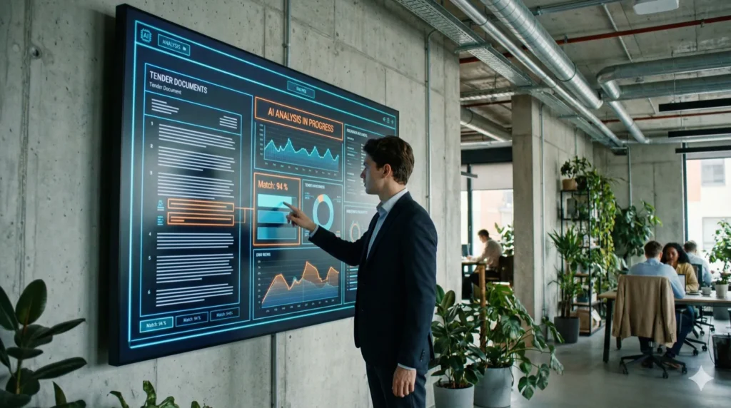 Ein junger Mann in Businesskleidung steht vor einem übergroßen Touchscreen-Display, auf dem eine KI-Oberfläche Ausschreibungsdokumente analysiert und farblich markiert. Neonblaue und orangefarbene Highlights auf dem Screen. Modernes Coworking-Space mit Betonwänden und Pflanzen. Der Mann tippt mit dem Finger auf eine Stelle, die als „Match: 94 %" gekennzeichnet ist. Reales Foto, Format 16:9