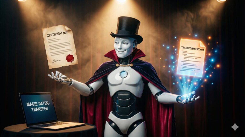PDF in E-Rechnung umwandeln: Ein freundlicher humanoider Roboter im Zauberer-Umhang und Zylinder steht auf einer Bühne und führt einen Verwandlungstrick vor. In seiner linken Hand hält er ein schwebendes PDF-Dokument mit rotem Siegel, in seiner rechten Hand erscheint in einem Funkeln aus blauen und orangefarbenen Lichtpartikeln ein leuchtendes XML-Dokument. Auf dem Tisch vor ihm liegt ein aufgeklappter Laptop. Theatralische Bühnenbeleuchtung mit warmem Spotlight von oben, leicht rauchiger Atmosphäre. Der Roboter hat ein verschmitztes Lächeln.