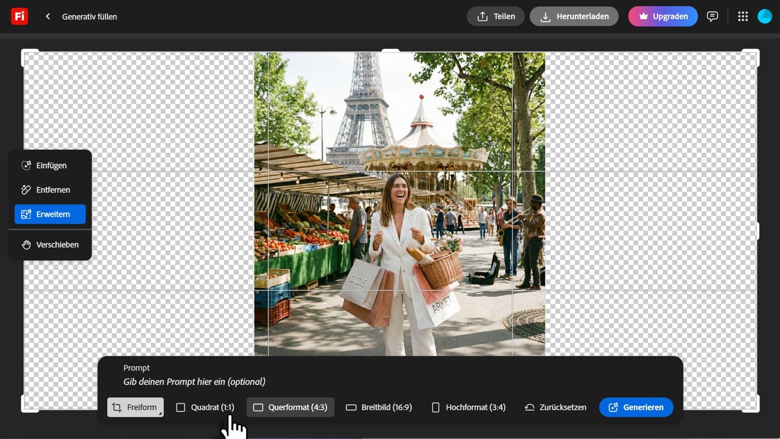 So erweitern Sie Bilder mit Generative Expand in Adobe Firefly. Frau mit Einkaufstüten an einem Markt in Paris.