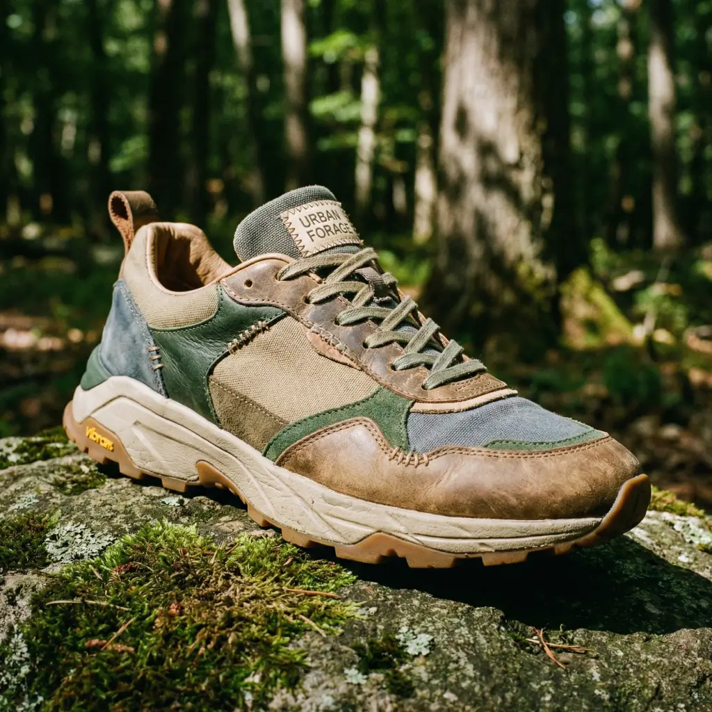 Ein verlorener Sportschuh im Wald.