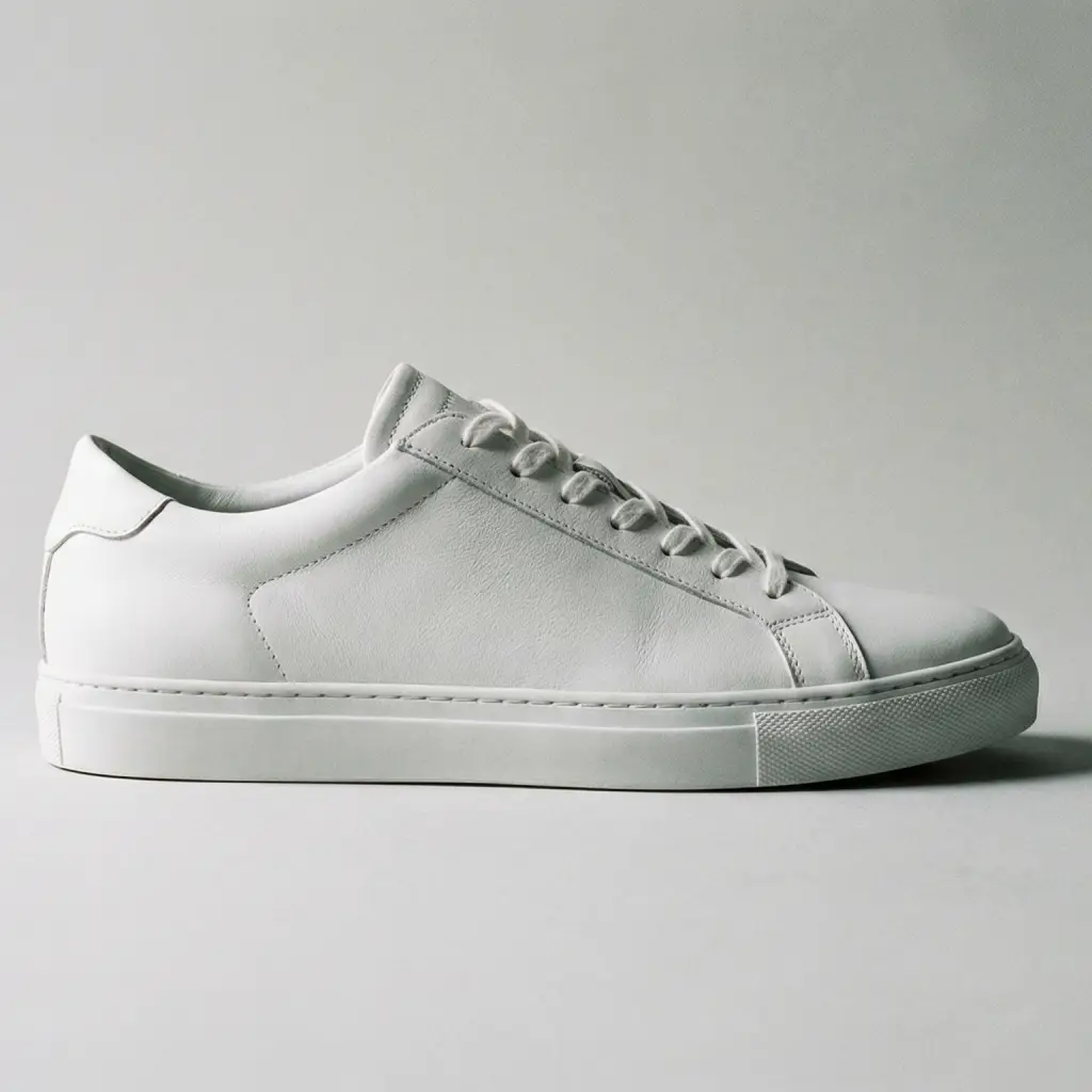 Ein weißer Sneaker auf hellem Hintergrund mit Studio Beleuchtung von links.