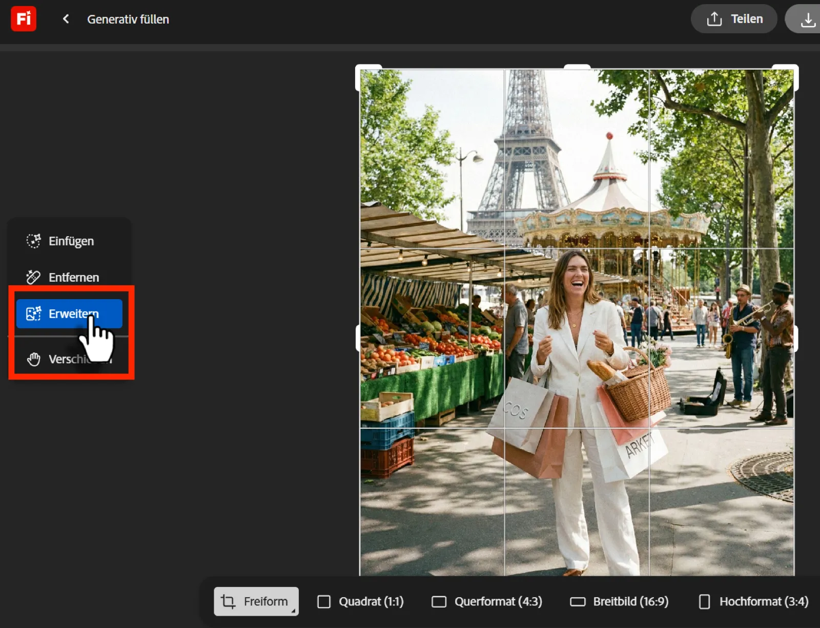 In der Adobe Firefly App werden wir den Menüpunkt erweitern in der linken Sidebar.