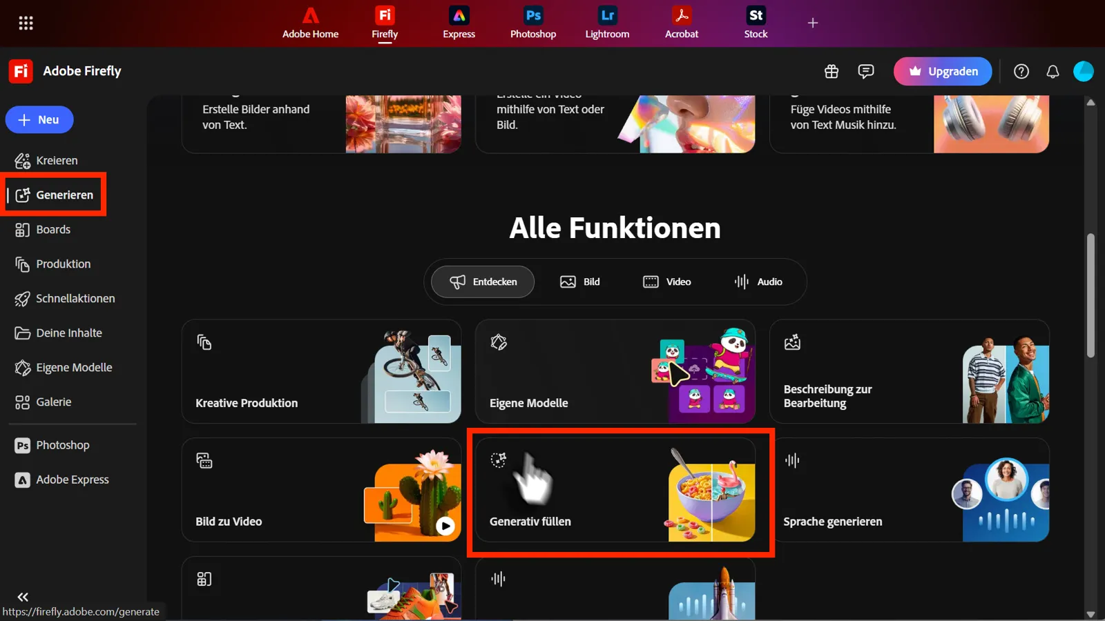 Wir klicken auf „generieren“ und anschließend auf den Menüpunkt „Generativ füllen“.