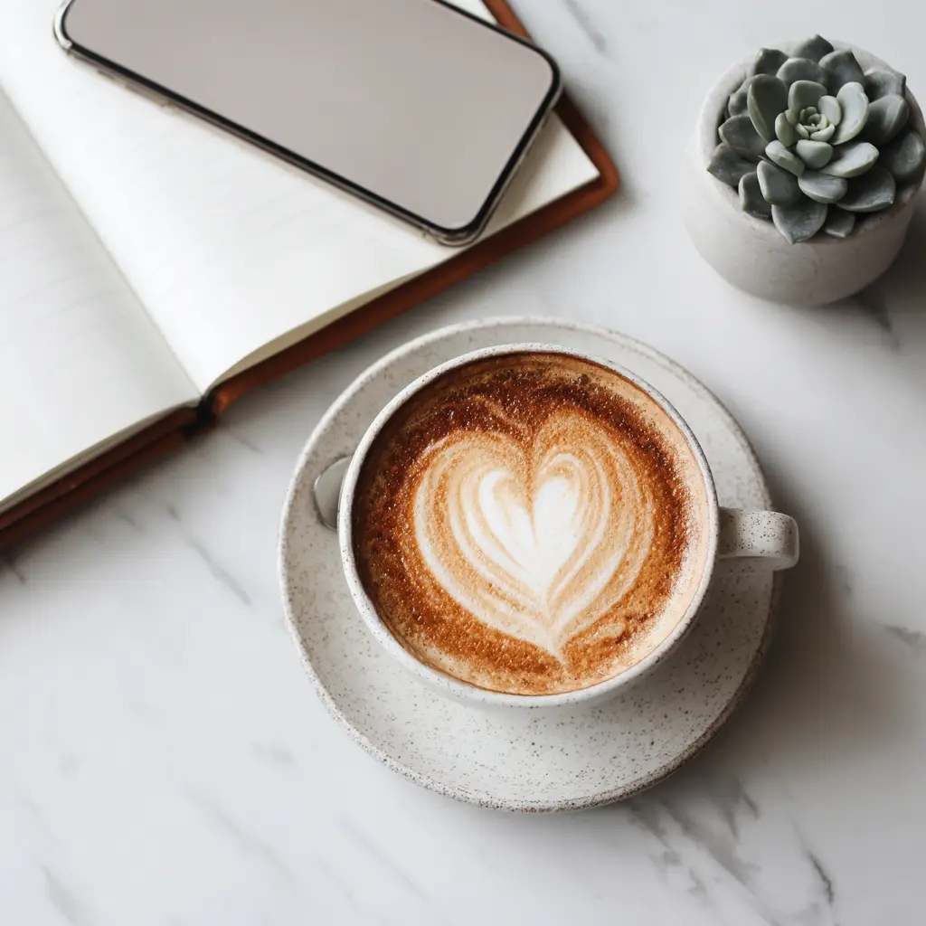 Flatlay von oben Cappuccino mit Latte Art in weisser Keramik.