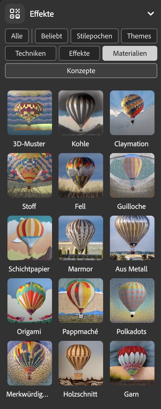 Firefly Stiloptionen Effekte Materialien.