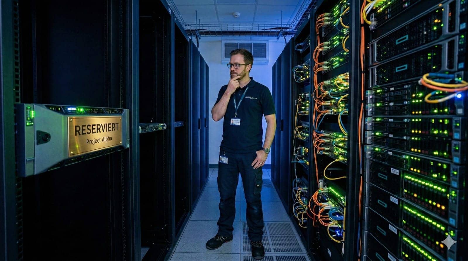 Dedicated Server: Ein IT-Techniker steht in einem Serverraum zwischen zwei Serverracks. Links ein einzelner, hell beleuchteter Server mit einem goldenen Namensschild „Reserved", rechts ein dichtes Rack voller blinkender Aktivitätslampen. Der Techniker schaut nachdenklich von einem zum anderen. Prompt: IT-Techniker in modernem Serverraum, zwei Serverracks, links ein einzelner beleuchteter Server mit Reservierungs-Schild, rechts ein dichtes Rack mit vielen Aktivitätslampen, nachdenkliche Geste des Technikers, Tiefenschärfe, kühles blaues Licht, reales Foto, Format 16:9