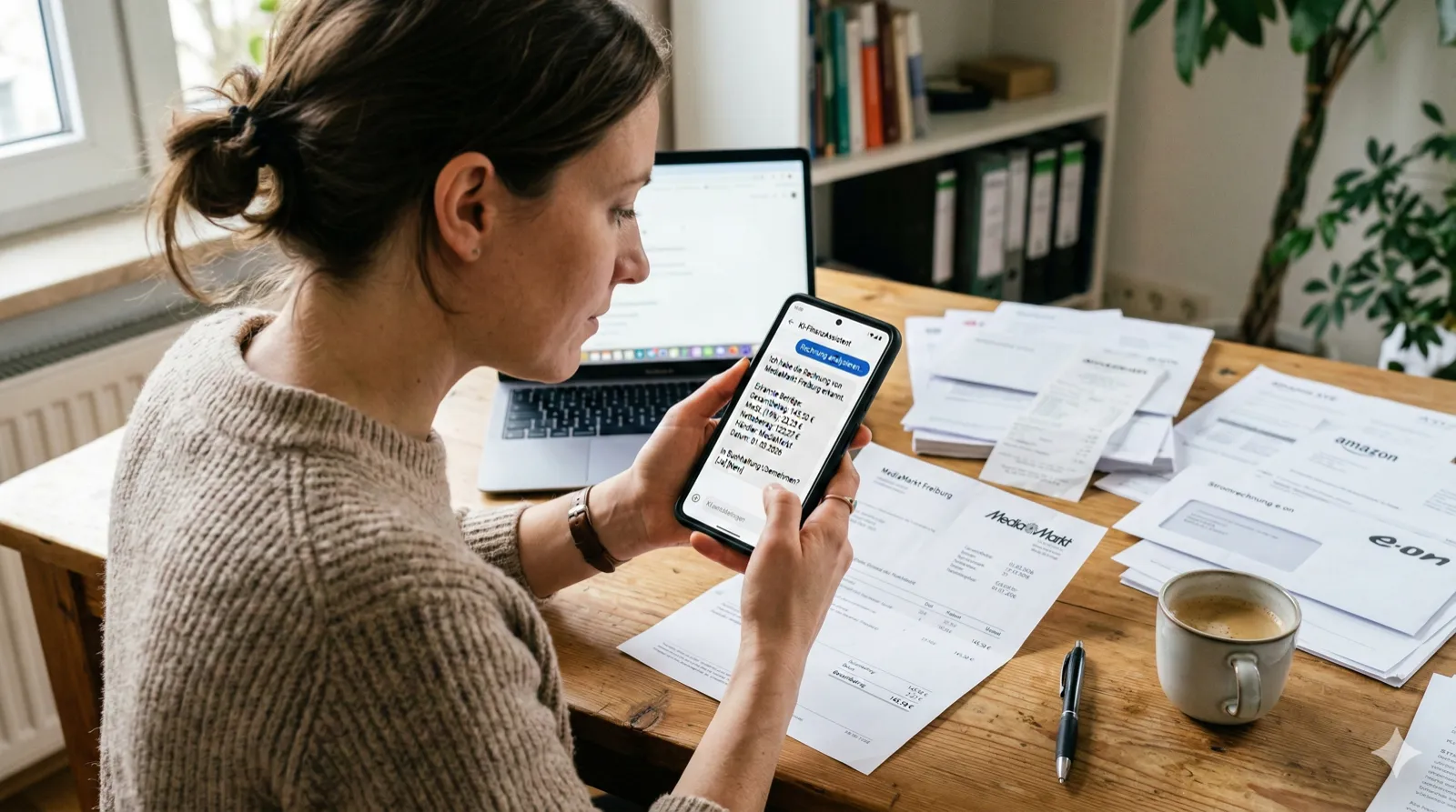 Eine Person fotografiert eine Rechnung mit dem Smartphone, das Handy-Display zeigt einen KI-Chat mit erkannten Beträgen, Schreibtisch mit weiteren Papierrechnungen im Hintergrund, reales Foto, Format 16:9