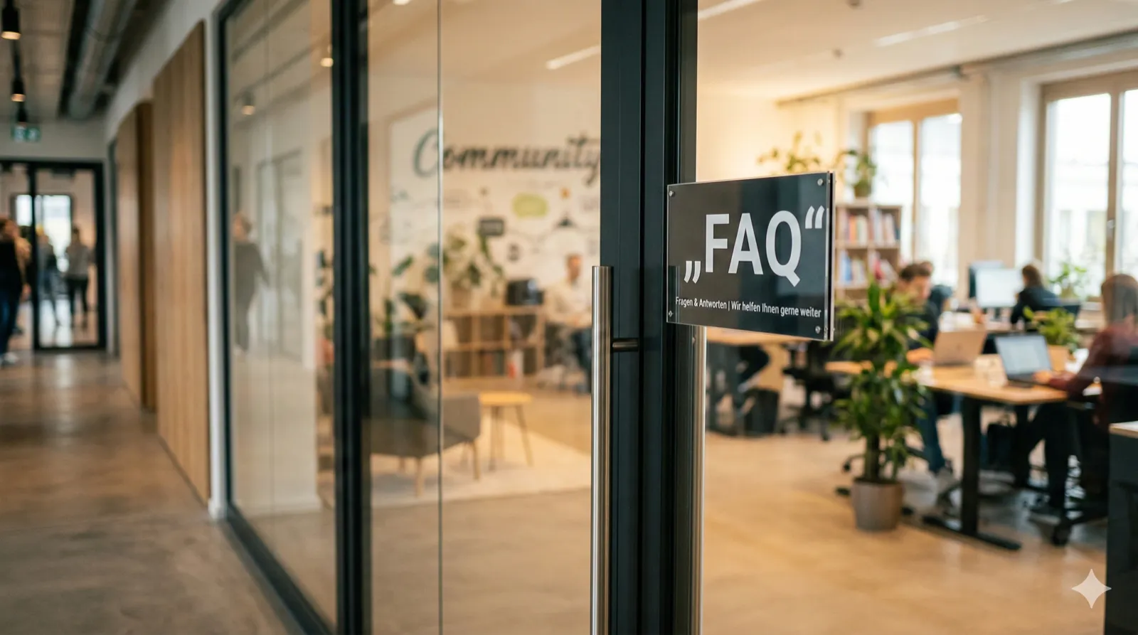 Ein Schild mit der Aufschrift „FAQ" hängt an einer modernen Bürotür aus Glas, dahinter ein freundlich beleuchteter Arbeitsbereich, leichte Unschärfe im Hintergrund, reales Foto, Format 16:9