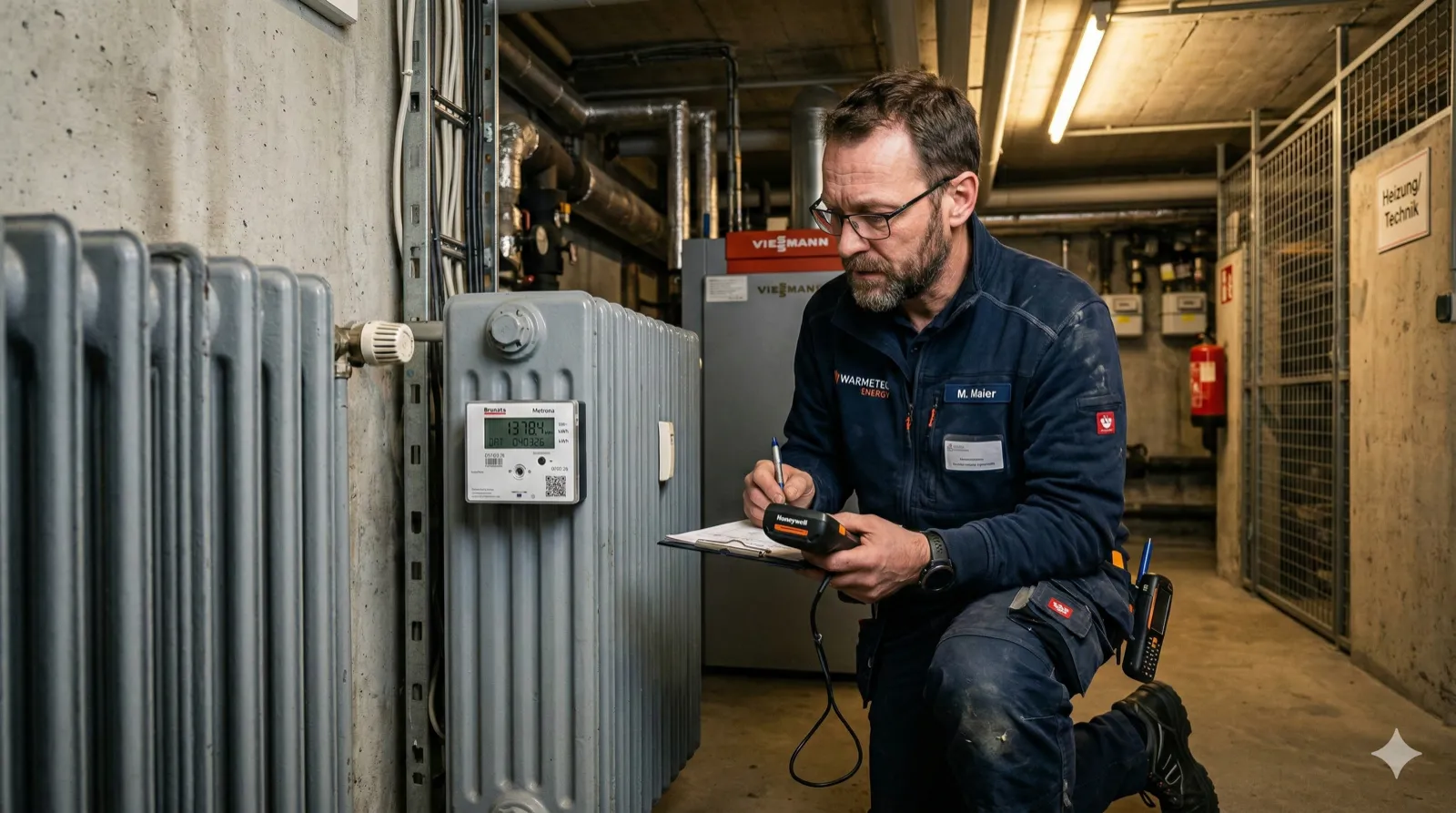 Ein Techniker in Arbeitskleidung liest einen Heizkostenverteiler an einer Heizkörperrippe ab, modernes Mehrfamilienhaus, industrielle Atmosphäre, konzentrierter Blick auf das Display, reales Foto, Format 16:9