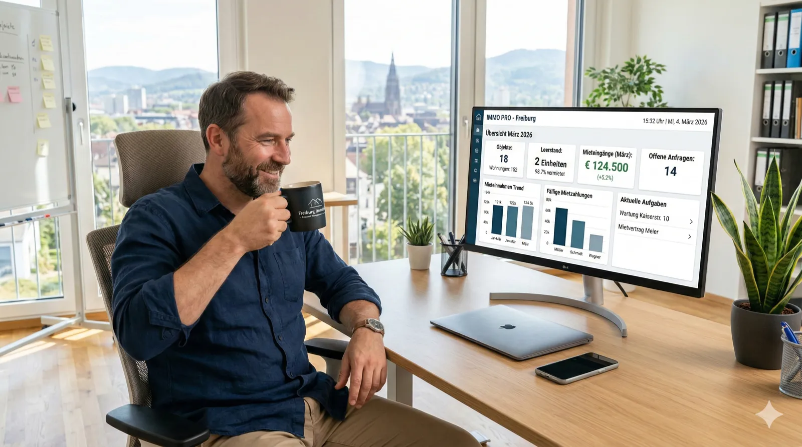 Übersichtliches Dashboard einer Immobilienverwaltungssoftware auf einem modernen Monitor, daneben ein Unternehmer, der entspannt einen Kaffee trinkt, helles Büro, reales Foto, Format 16:9