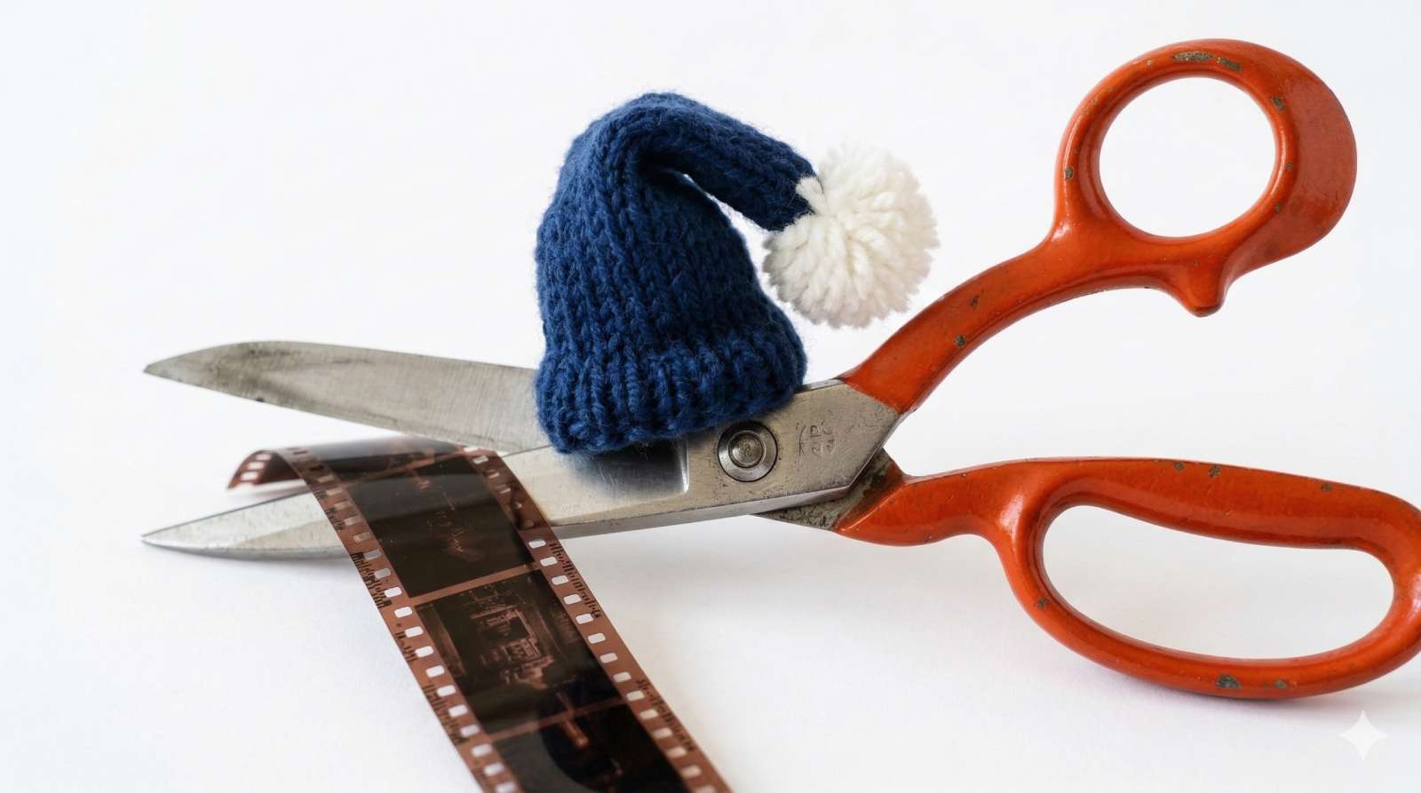 Eine einzelne große professionelle Filmschnittschere liegt auf einer makellosen weißen Fläche. Die Schere ist leuchtend orangerot und leicht geöffnet. Die Schere trägt eine winzige gestrickte Schlafmütze in Dunkelblau mit einem kleinen weißen Bommel oben drauf, als wäre sie müde von der ganzen Schnittarbeit. Ein dünner Streifen altmodischer 35-mm-Filmzelluloid baumelt von den Klingen. Klare, helle Studiobeleuchtung, viel weißer Negativraum. Reales Foto, Format 16:9.