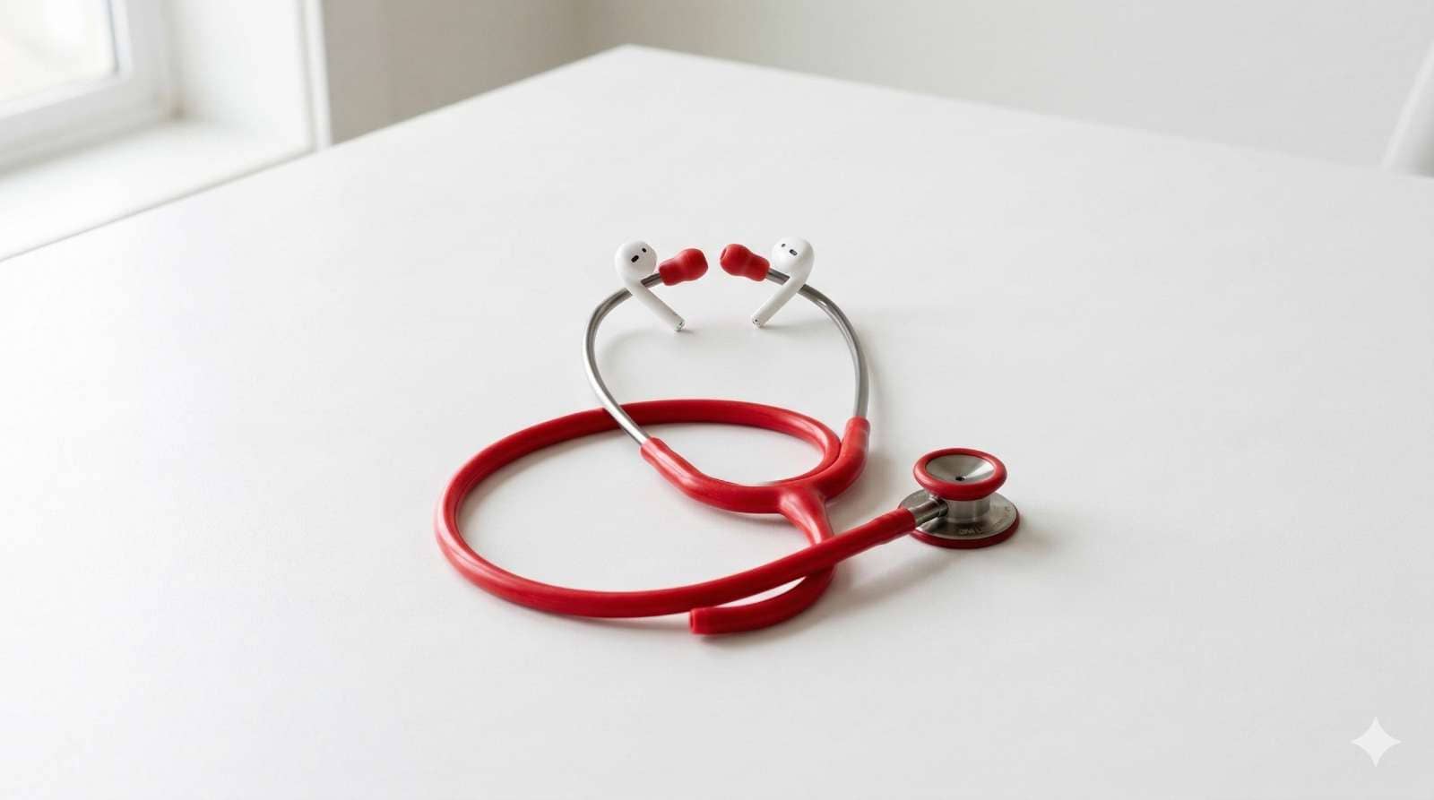 Ein einzelnes leuchtend rotes Stethoskop auf einer großen weißen Fläche, das Stethoskop trägt winzige kabellose Ohrhörer in seinen Ohrteilen, als würde es selbst einen Podcast hören. Humorvolles, skurriles Detail in einer ansonsten minimalistischen Komposition. Weiches natürliches Licht, leicht von oben fotografiert. Apple minimalistisches Whitespace Design, reales Foto, Format 16:9.