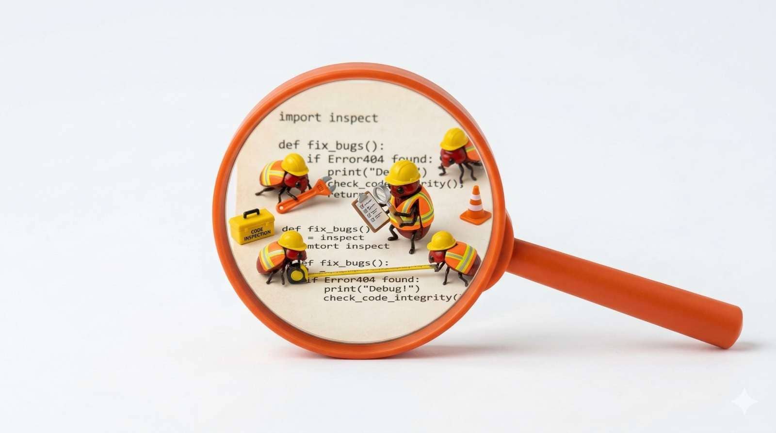 Eine einzelne große Lupe in leuchtendem Orange vor einem sauberen weißen Hintergrund mit großzügigem Weißraum. Durch die Linse betrachtet tragen die kleinen roten Käfer winzige Bauhelme und Sicherheitswesten, als wären sie Bauarbeiter, die den Programmcode inspizieren. Ein Käfer hält ein winziges Klemmbrett. Die Szene wirkt humorvoll und charmant, behält dabei aber die klare redaktionelle Ästhetik bei. Reales Foto, Format 16:9.