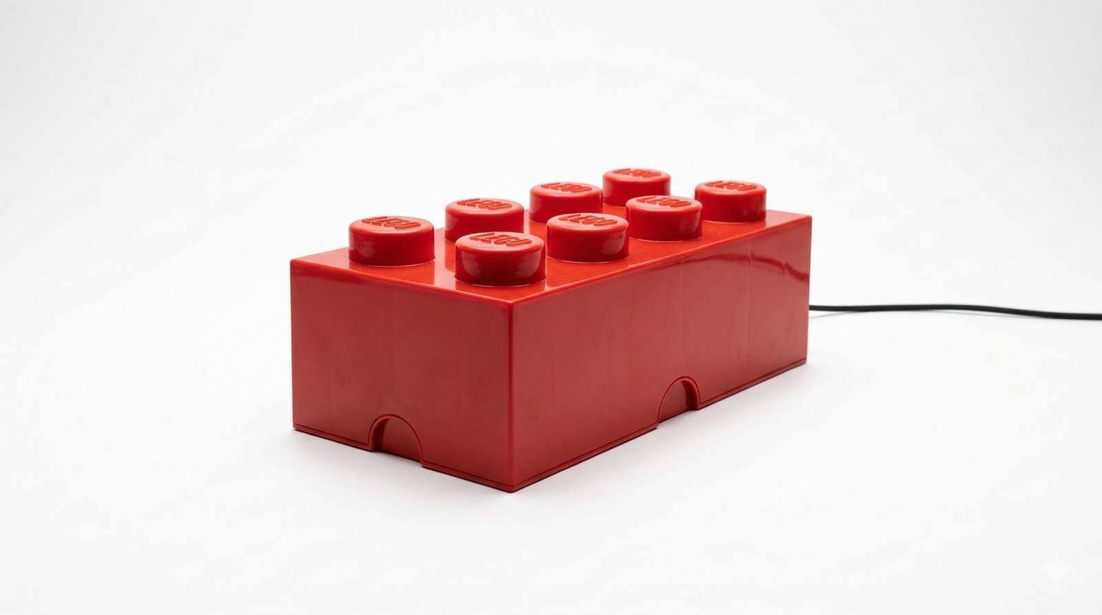 Ein einzelner, übergroßer LEGO-Stein in leuchtendem Rot, perfekt zentriert auf einem rein weißen Hintergrund mit großzügigem Weißraum. Der Stein ist leicht angewinkelt, um Tiefe zu zeigen. Auf einem der Noppen steht ein winziger Bürodrehstuhl, als würde dort jemand arbeiten. Auf einem anderen Noppen steht eine Miniatur-Kaffeetasse. Saubere Studiobeleuchtung, weiche Schatten darunter. Humorvoller Größenkontrast. Reales Foto, Format 16:9.