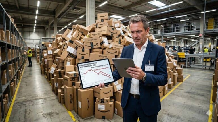 Ein Geschäftsführer mittleren Alters steht vor einem riesigen Amazon-Paketberg in einem Lagerhaus, schaut skeptisch auf ein Tablet mit sinkenden Margenkurven, nüchternes Industrielicht, leicht satirische Übertreibung beim Paketberg, reales Foto, Format 16:9