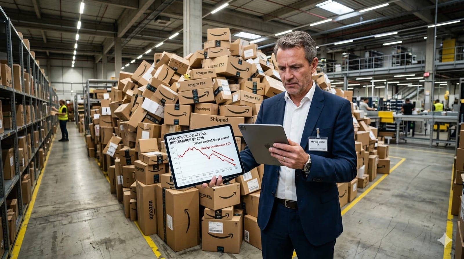 Ein Geschäftsführer mittleren Alters steht vor einem riesigen Amazon-Paketberg in einem Lagerhaus, schaut skeptisch auf ein Tablet mit sinkenden Margenkurven, nüchternes Industrielicht, leicht satirische Übertreibung beim Paketberg, reales Foto, Format 16:9