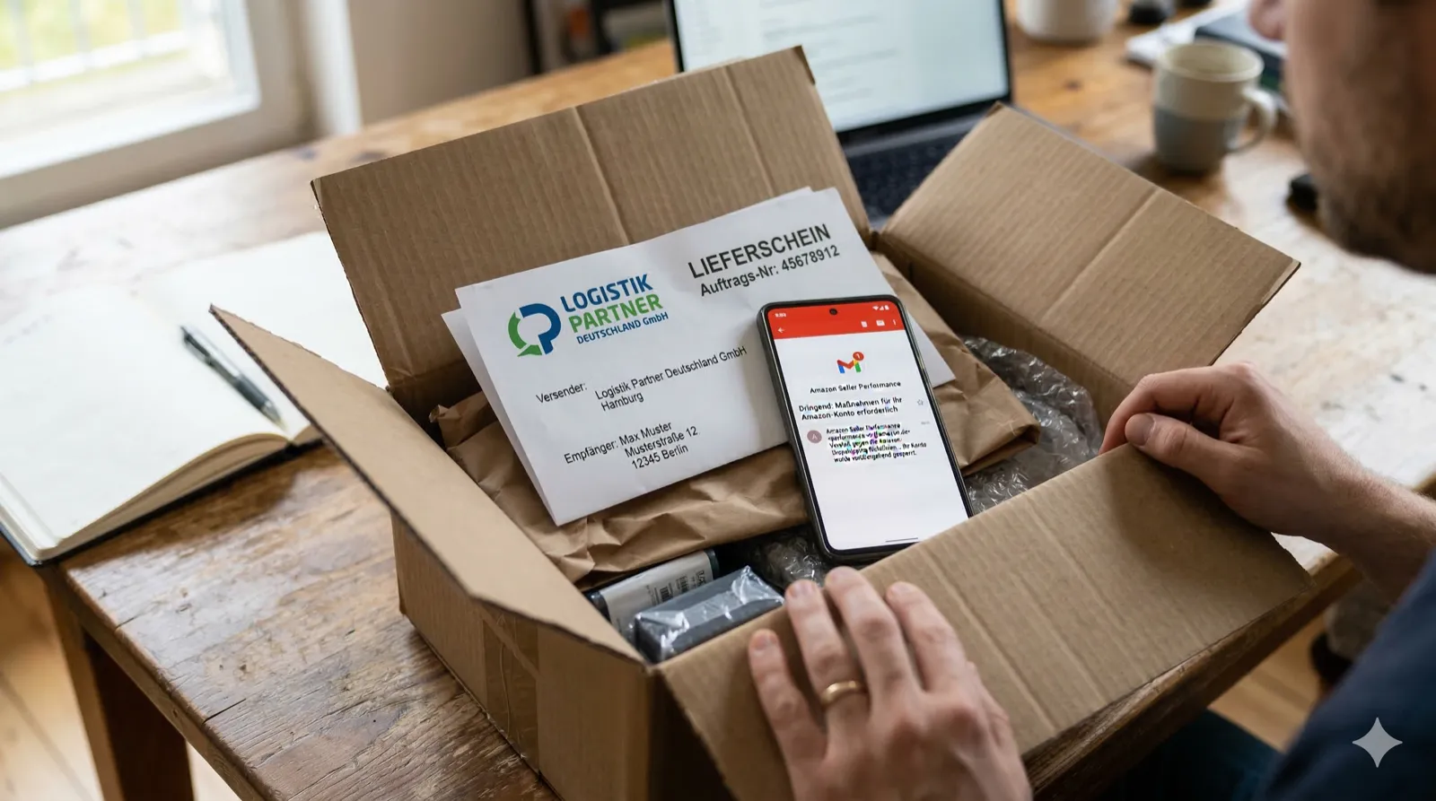 Eine Lieferung wird geöffnet, im Karton liegt ein Lieferschein mit dem Logo eines fremden Unternehmens, daneben ein Smartphone mit einer E-Mail-Benachrichtigung von Amazon, alarmierendes rotes Benachrichtigungssymbol, reales Foto, Format 16:9