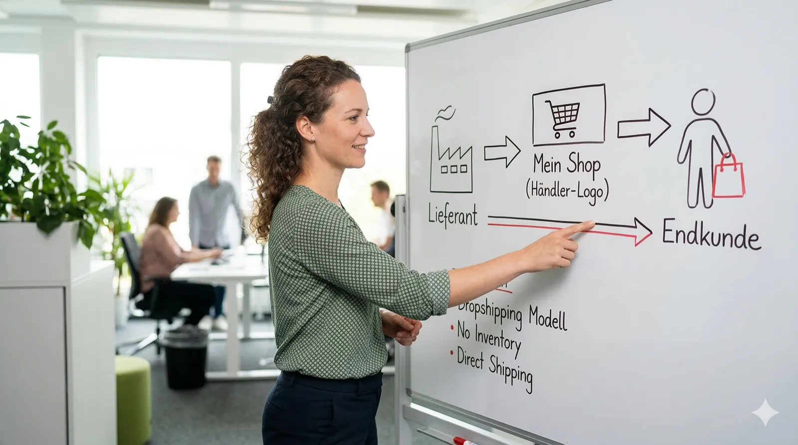 Eine Frau im Büro zieht mit einem Finger eine Lieferkette auf einem Whiteboard nach, drei Stationen: Lieferant, Händler-Logo, Endkunde, klare Pfeile, helles Bürolicht, professionell aber lebendig, reales Foto, Format 16:9