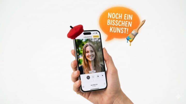 Eine Hand hält ein Smartphone vor einem weißen Hintergrund. Das Smartphone trägt eine winzige rote Baskenmütze auf der oberen Kante. Auf dem Display ist ein halbbearbeitetes Foto sichtbar. Über dem Smartphone schwebt eine große, leuchtend orange Sprechblase, aus der ein kleiner Malpinsel herausragt. Weiches Studiolicht, humorvolle Stimmung. Apple minimalistisches Whitespace Design, reales Foto, Format 16:9.