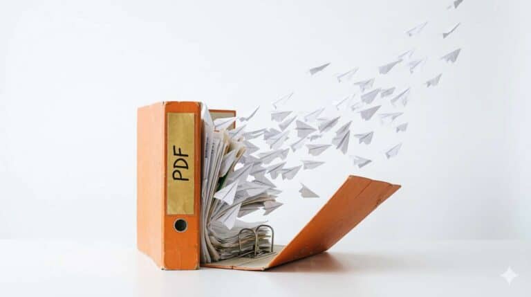 Ein dicker orangefarbener Aktenordner steht aufgeklappt auf weißem Grund. Aus dem Ordner steigen dutzende kleine Papierflieger auf wie ein Schwarm Vögel. Der Ordner trägt ein goldenes Etikett mit „PDF" und wirkt dabei leicht erschöpft, der Deckel hängt schief. Apple minimalistisches Whitespace Design, reales Foto, Format 16:9