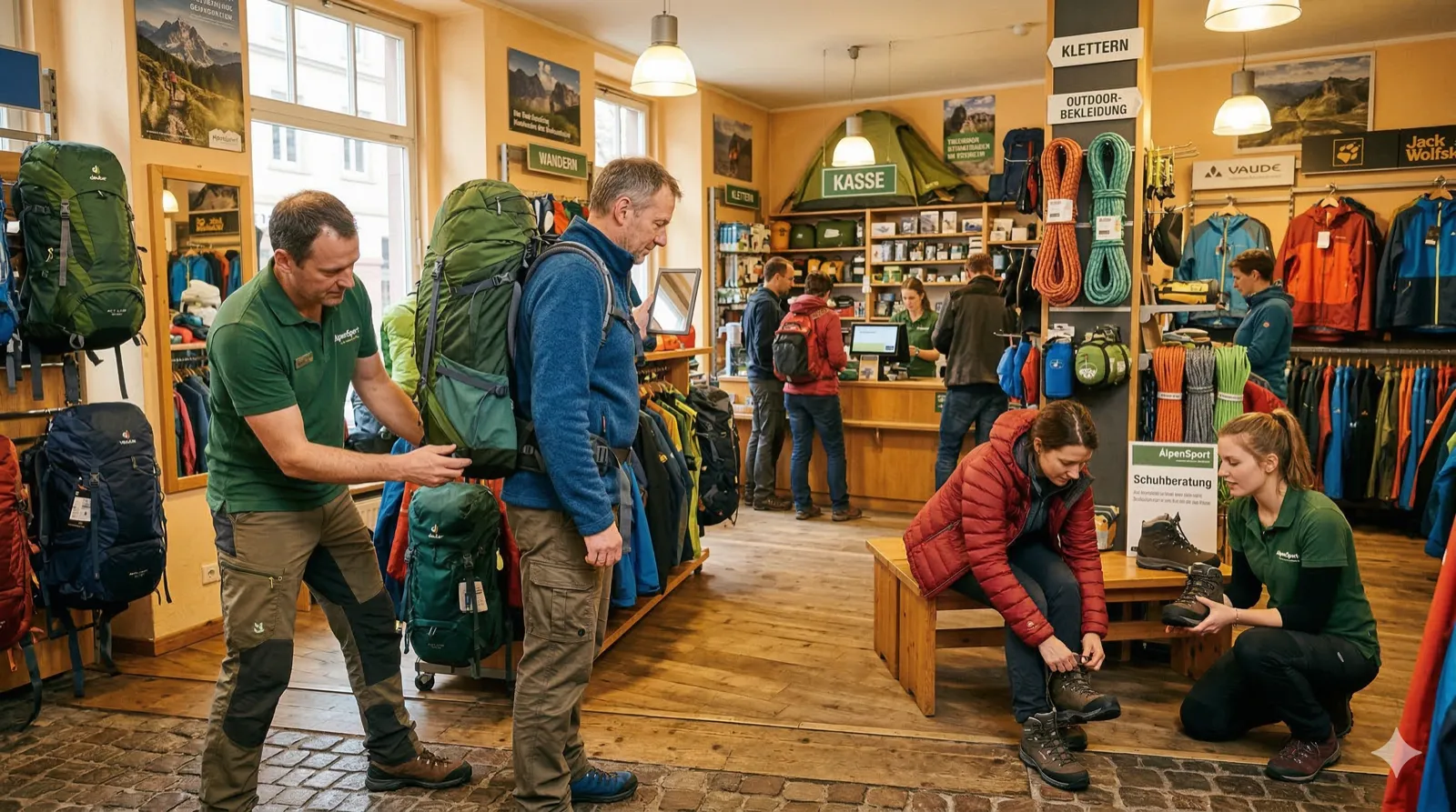 Innenansicht eines gut besuchten Outdoor-Fachgeschäfts. Ein Verkäufer passt einem Kunden einen Wanderrucksack an und justiert die Riemen. Im Hintergrund probiert eine Kundin Wanderschuhe an und wird von einer zweiten Verkäuferin beraten. Warmes Ladenlicht, viele bunte Produkte in den Regalen, lebendige und einladende Atmosphäre. Reales Foto, Format 16:9.