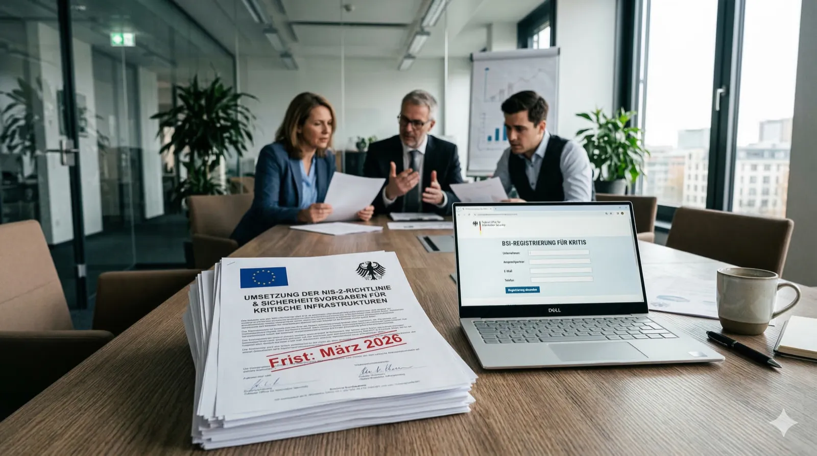 Ein Stapel offizieller Dokumente mit EU-Flagge und deutschem Bundesadler auf einem Konferenztisch. Daneben ein aufgeschlagener Laptop mit einer BSI-Registrierungsseite. Im Hintergrund eine besorgt wirkende Gruppe von drei Geschäftsleuten in einer Besprechung. Nüchterne Bürobeleuchtung. Auf einem Dokument ist in roter Schrift „Frist: März 2026" zu lesen. Reales Foto, Format 16:9.