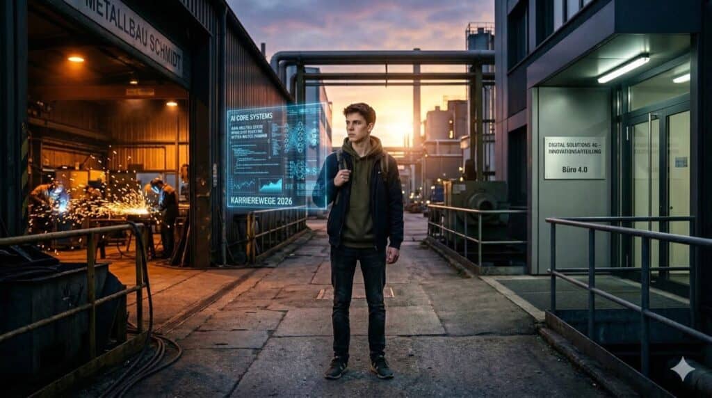 Ein 19-jähriger Abiturient steht an einer großen Wegkreuzung im industriellen Stil, rechts eine Bürotür mit nüchternem Firmenschild, links eine Werkstattöffnung mit Funken und warmen Lichtern, in der Mitte ein holografischer Bildschirm mit KI-Daten. Entschlossener Gesichtsausdruck. Abenddämmerung, dramatisches Gegenlicht. Reales Foto, Format 16:9.
