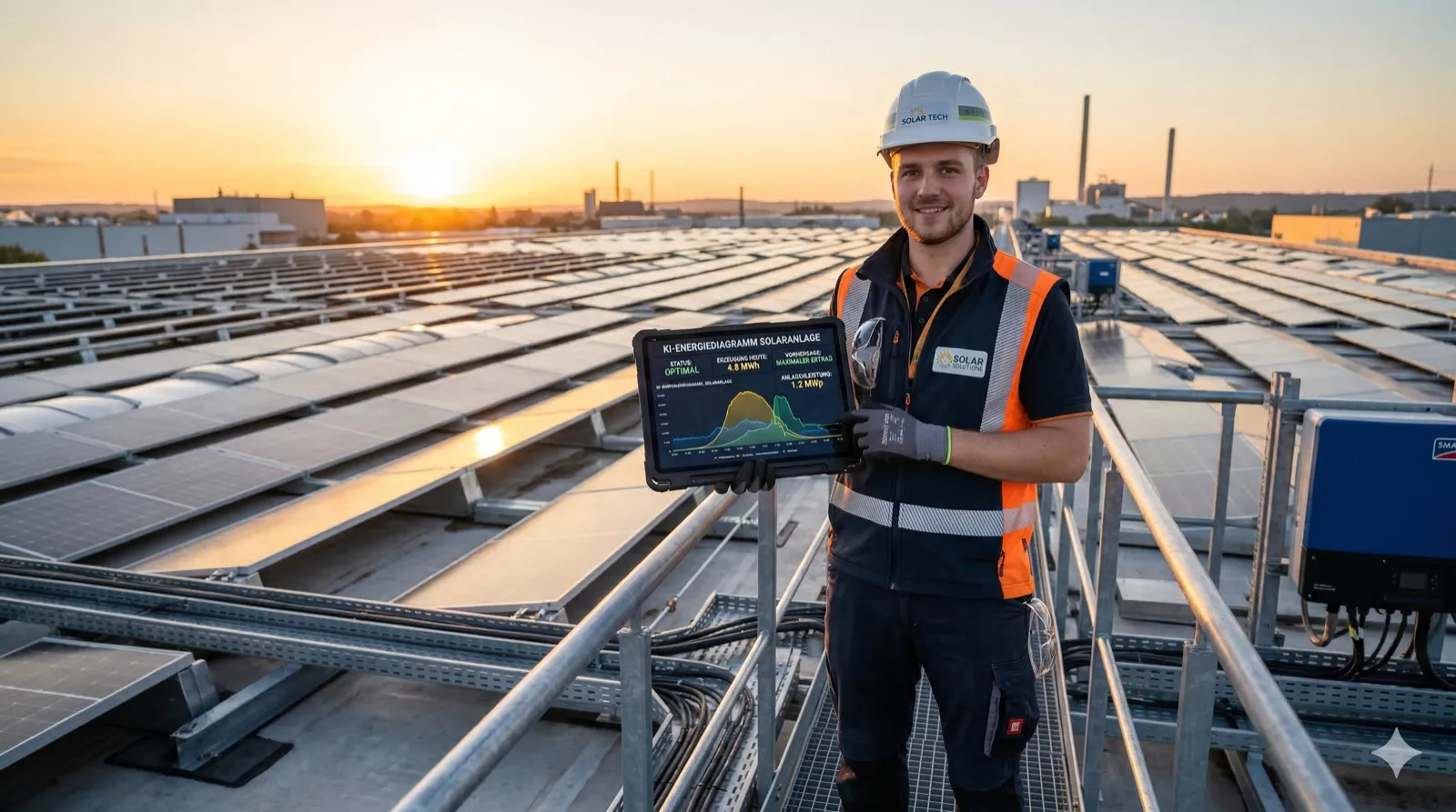 Ein junger Elektriker in moderner Schutzausrüstung hält ein Tablet mit KI-Energiediagramm einer Solaranlage in der Hand, im Hintergrund eine fertig installierte Photovoltaikanlage auf einem Industriedach. Goldenes Morgenlicht. Selbstbewusste Körperhaltung. Reales Foto, Format 16:9.