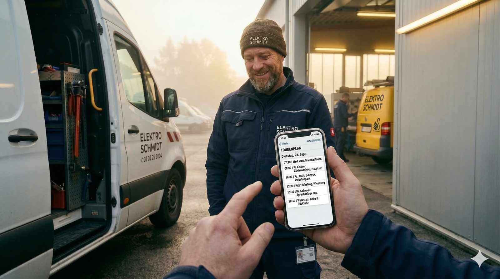 Ein Handwerker in Arbeitskleidung steht neben seinem Transporter auf einem Firmengelände am frühen Morgen. In der einen Hand hält er einen zerknitterten Papierzettel, in der anderen ein Smartphone mit einer leuchtenden Tourenplan-Ansicht. Sein Blick geht zwischen beiden hin und her, leicht amüsiert. Im Hintergrund eine geöffnete Werkstatt-Tür mit einer Wandtafel voller Magnete und Notizen. Warmes Morgenlicht, leichter Nebel über dem Hof. Reales Foto, Format 16:9