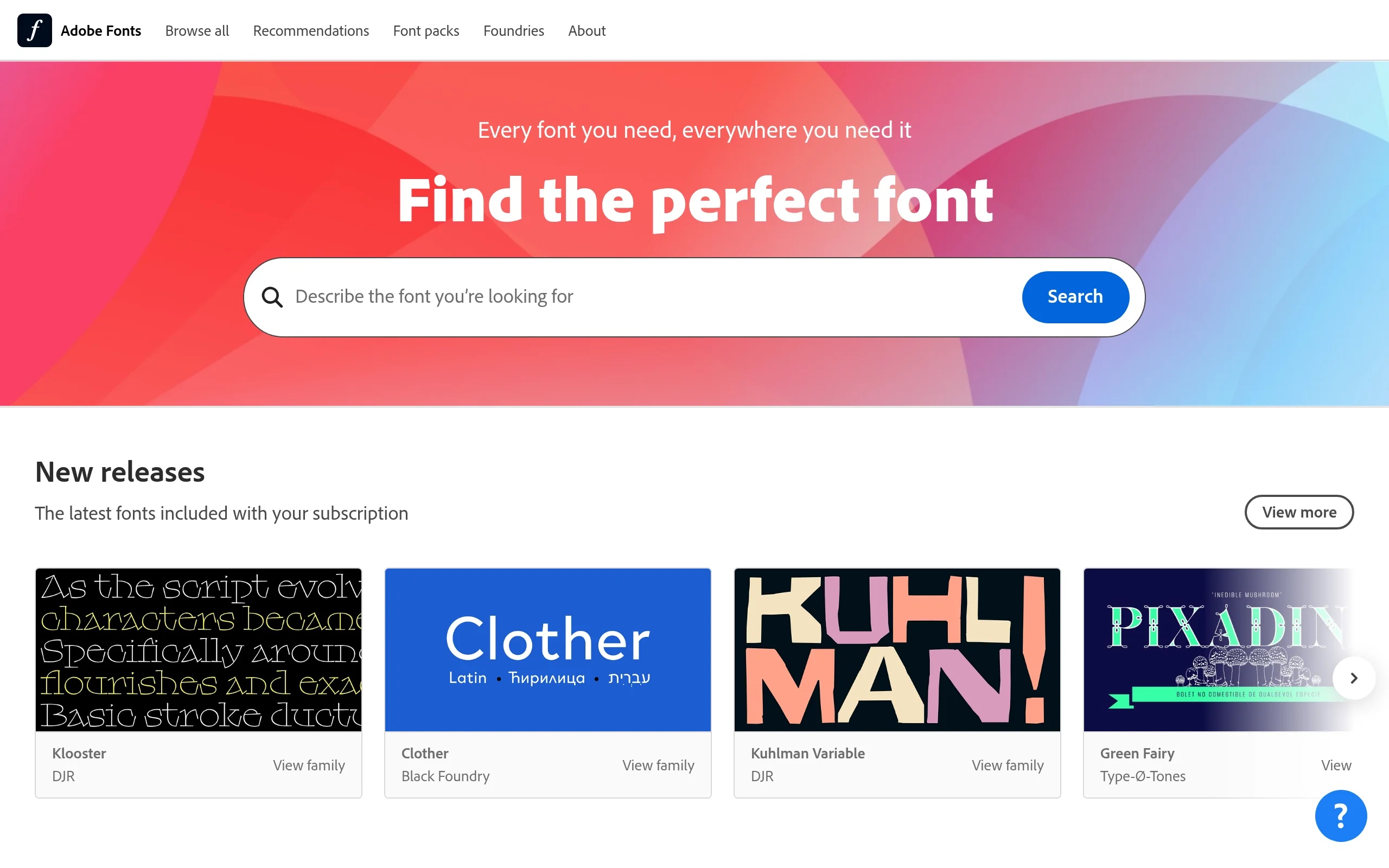 Schriftart erkennen: Screenshot von Adobe Fonts mit Suchfeld und aktuellen Schriftfamilien wie Clother und Kuhlman