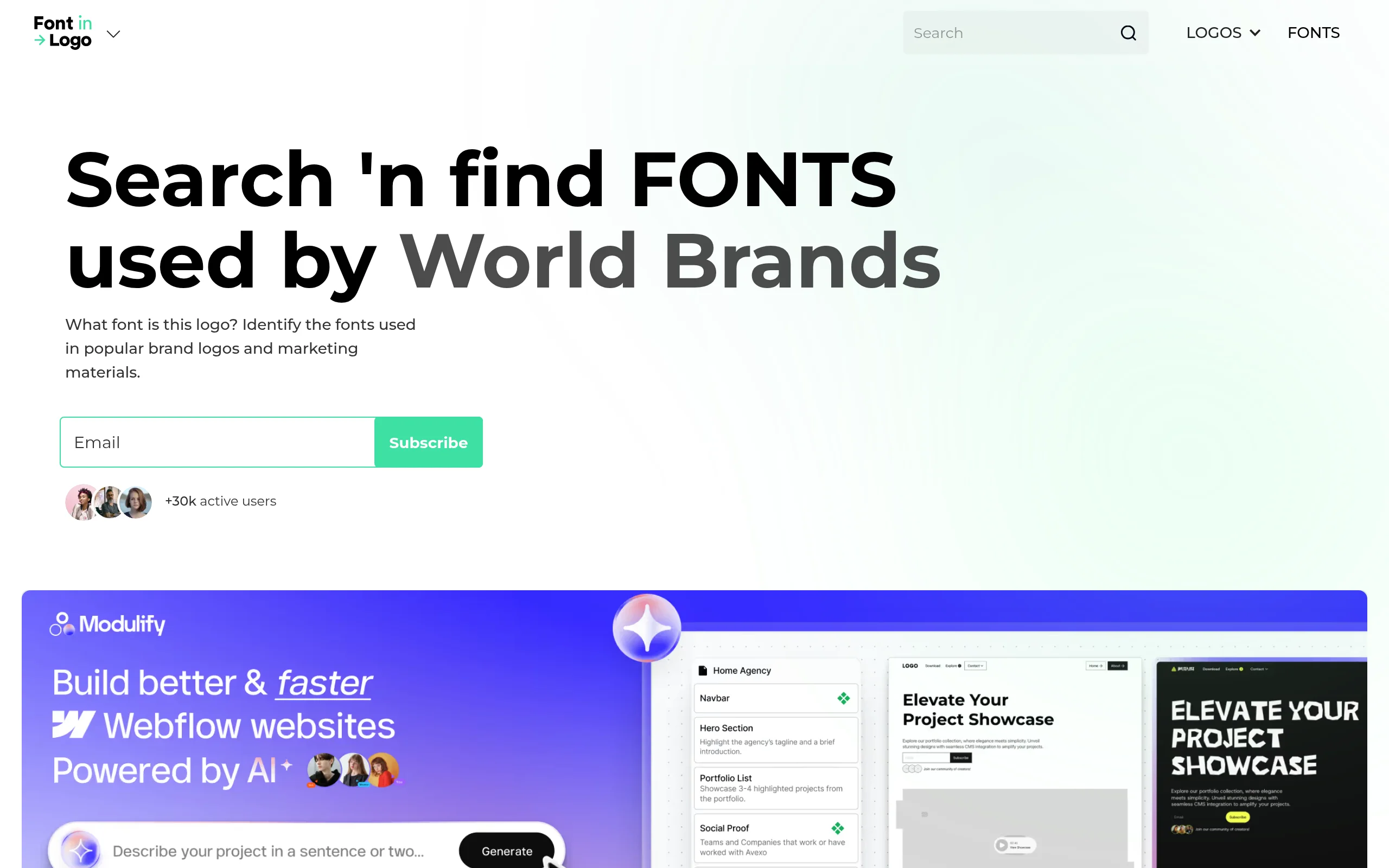 Schriftart erkennen: Screenshot von FontInLogo mit Suchfeld und dem Slogan Search n find FONTS used by World Brands