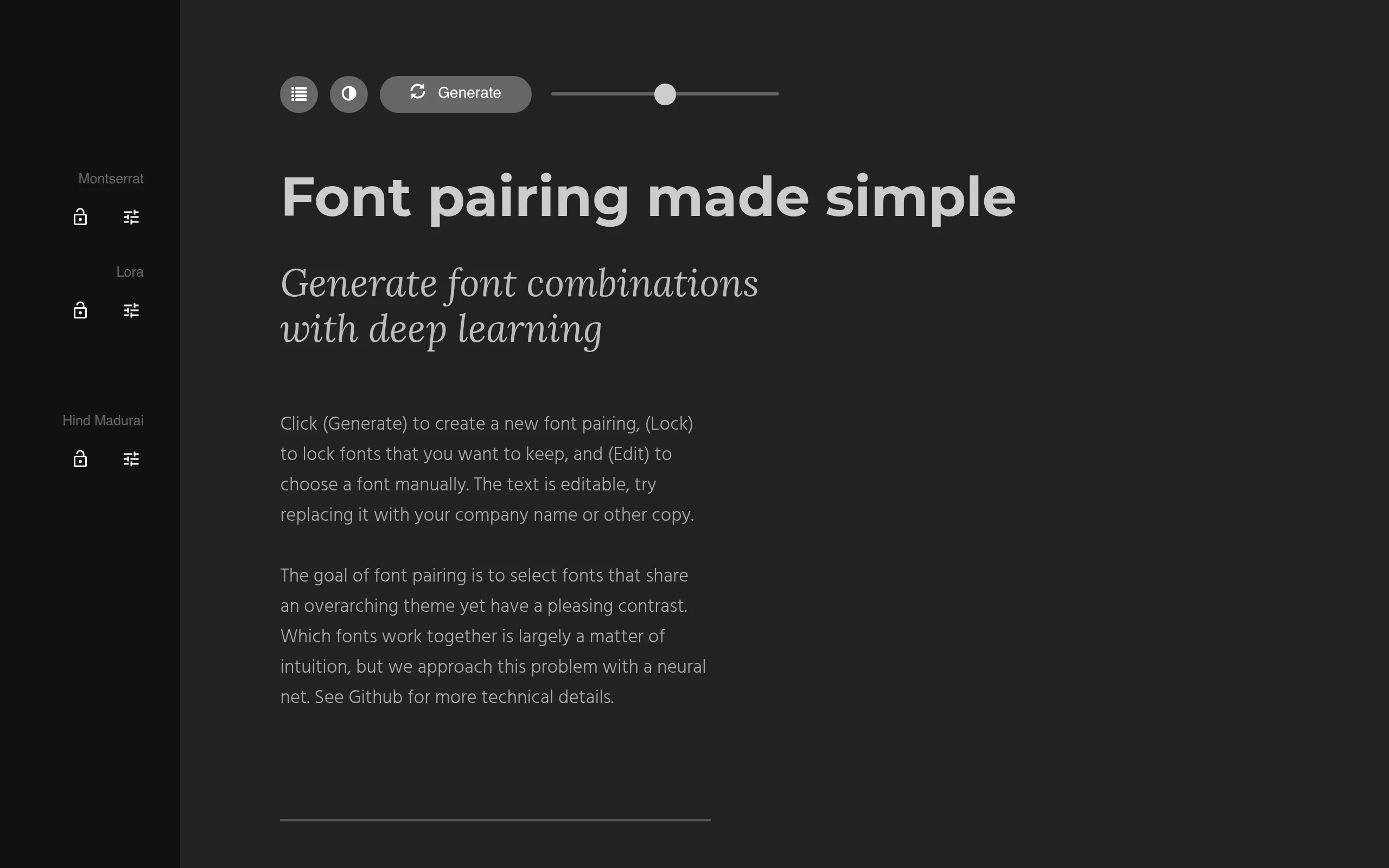 Schriftart erkennen: Screenshot von Fontjoy mit drei Schriftebenen Montserrat, Lora und Hind Madurai samt Generate Button
