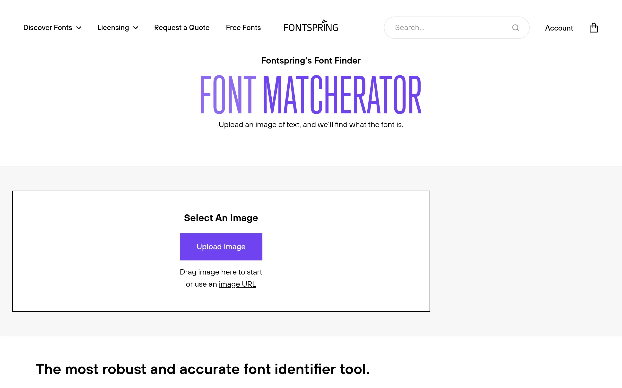Schriftart erkennen: Screenshot vom Fontspring Matcherator mit Upload-Bereich und lila Schriftzug