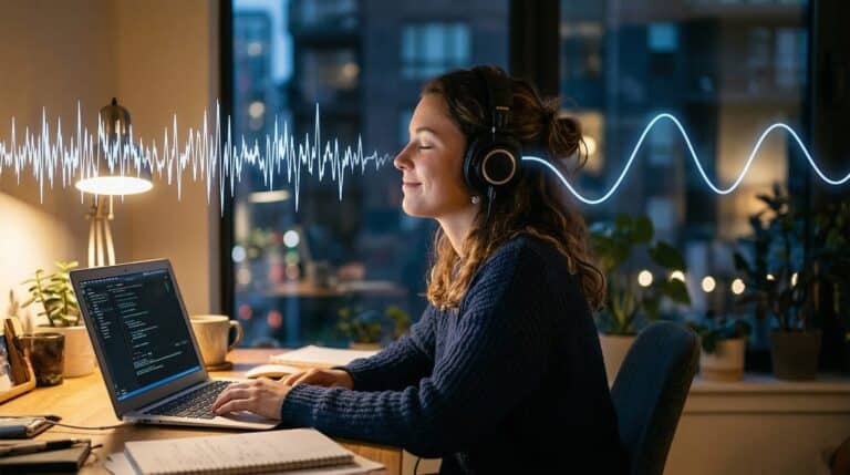 Eine Frau sitzt am Laptop und will die Audioqualität verbessern in Adobe Podcast.