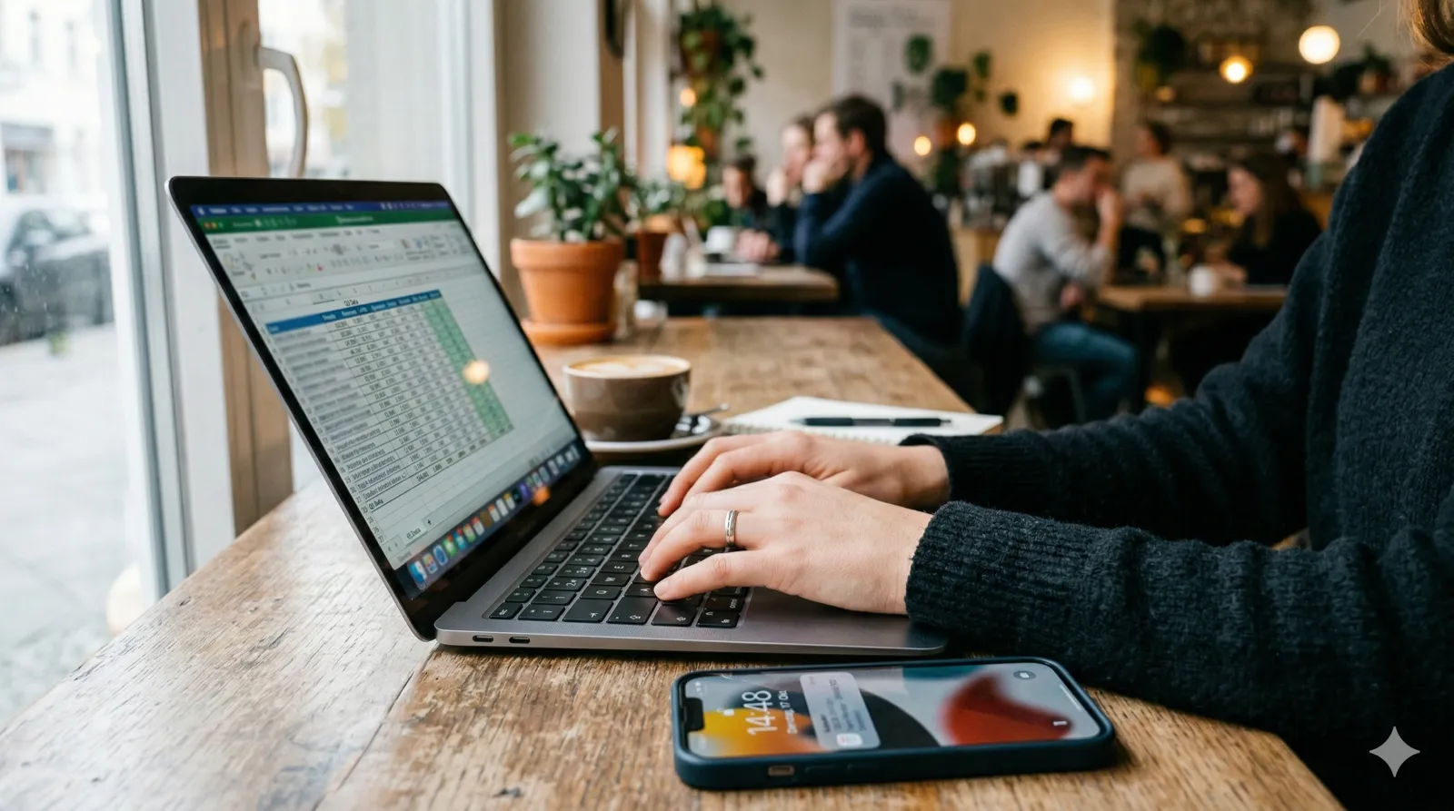 Nahaufnahme der Hände einer Frau an einem Laptop in einem Café. Auf dem Bildschirm ist unscharf eine Tabelle mit Zahlen erkennbar. Neben dem Laptop liegt ein Smartphone, das eine Kalender-Benachrichtigung zeigt. Im Hintergrund verschwommen andere Gäste. Die Szene vermittelt Zeitdruck und gleichzeitig Konzentration. Natürliches Tageslicht. Format 16:9, reales Foto.