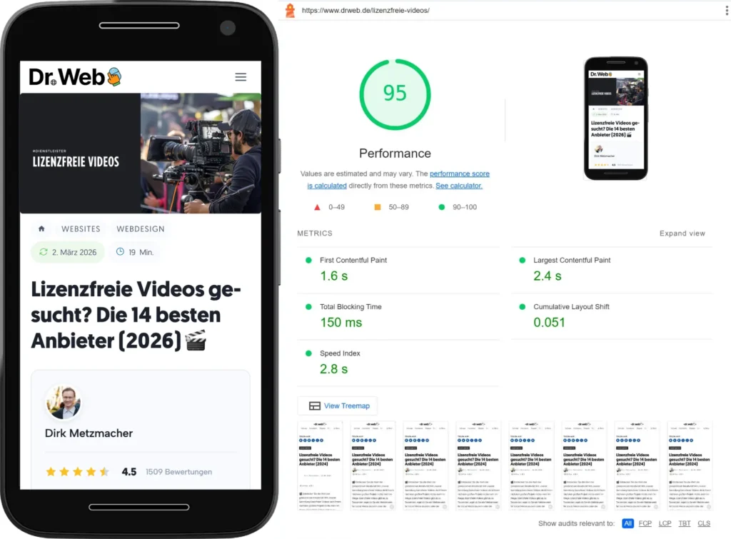 Screenshot der Website Pagespeed Insights. Für die Ladezeit eines Artikels auf drweb.de vergibt das Tool 95 von 100 möglichen Punkten.