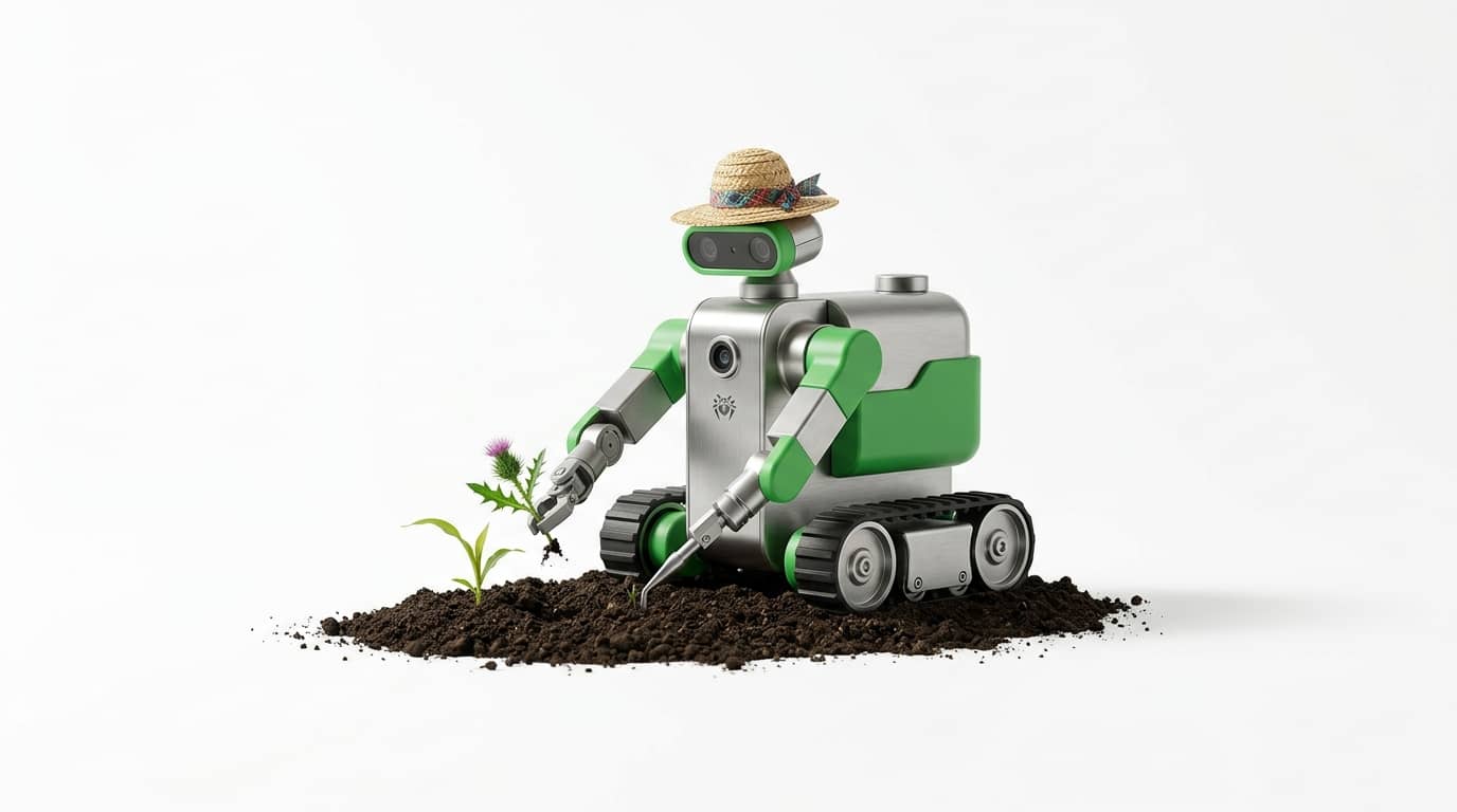 Roboter mit Strohhut auf Ketten jätest Unkraut auf einem Erdhaufen vor weißem Hintergrund