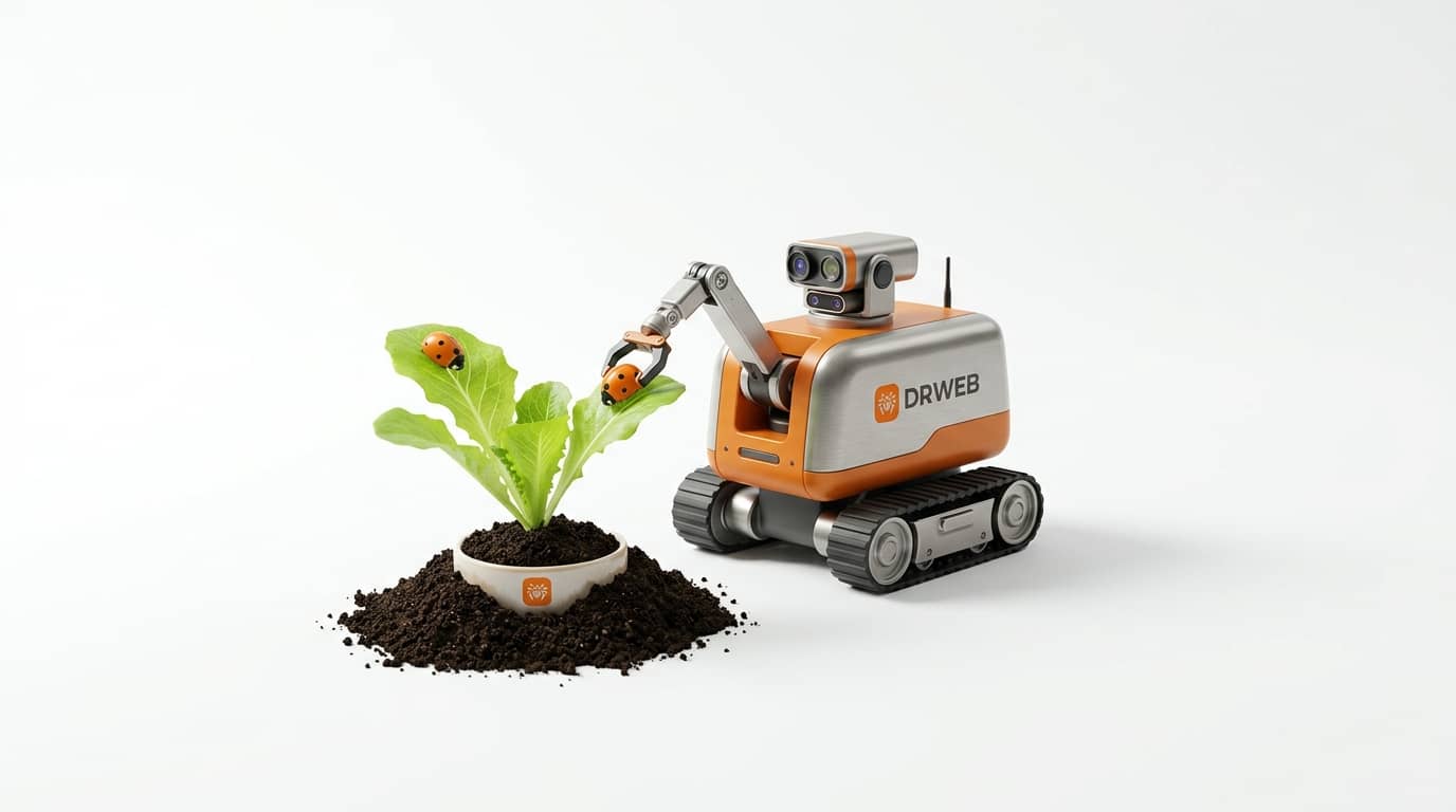 Roboter entfernt Marienkäfer von Pflanze; weiße Fläche; Erdhaufen
