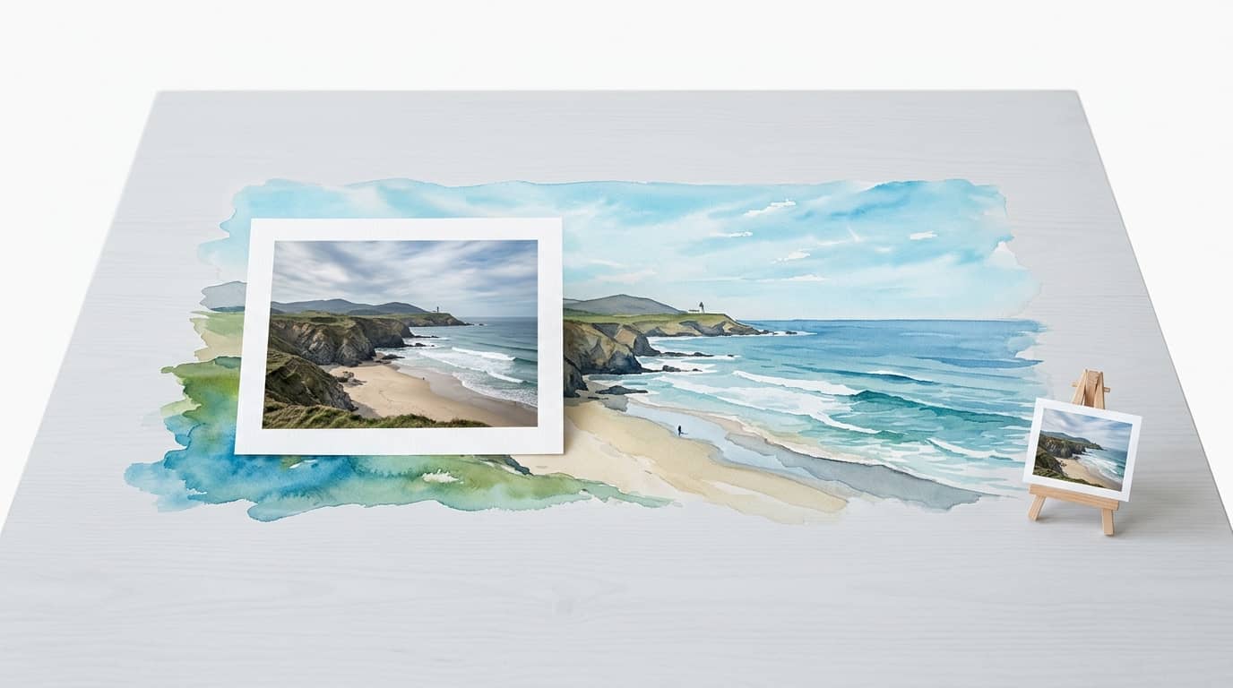 Aquarell-Landschaft und Fotos derselben Bucht auf einem weißen Tisch