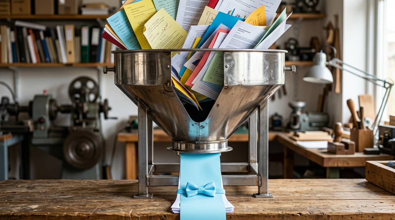 Ein Metalltrichter voll Papier steht in einer Werkstatt. Unten liegt ein Papierstapel mit blauer Schleife