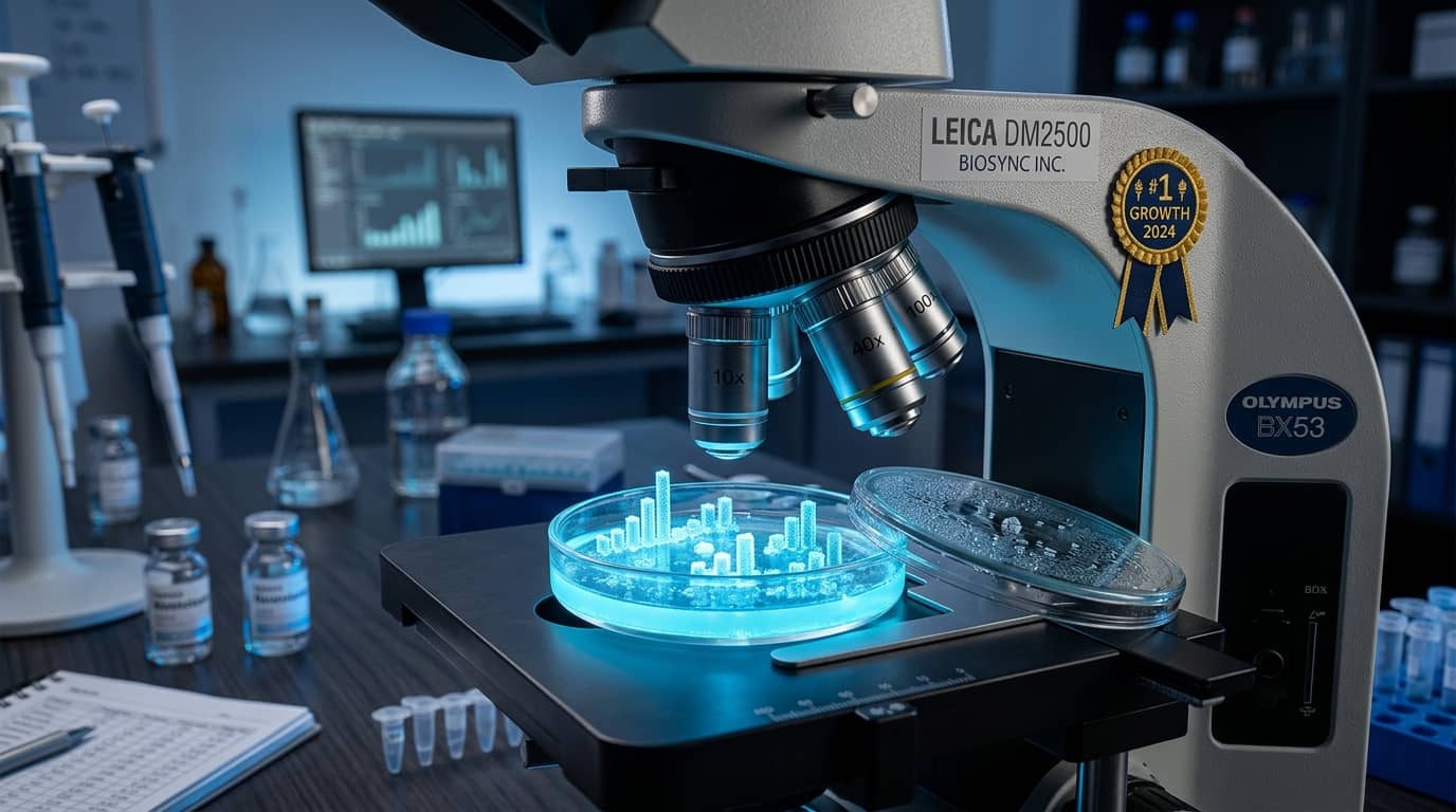 Mikroskop in Labor mit leuchtender Petrischale, die 3D-Stadtmodell enthält