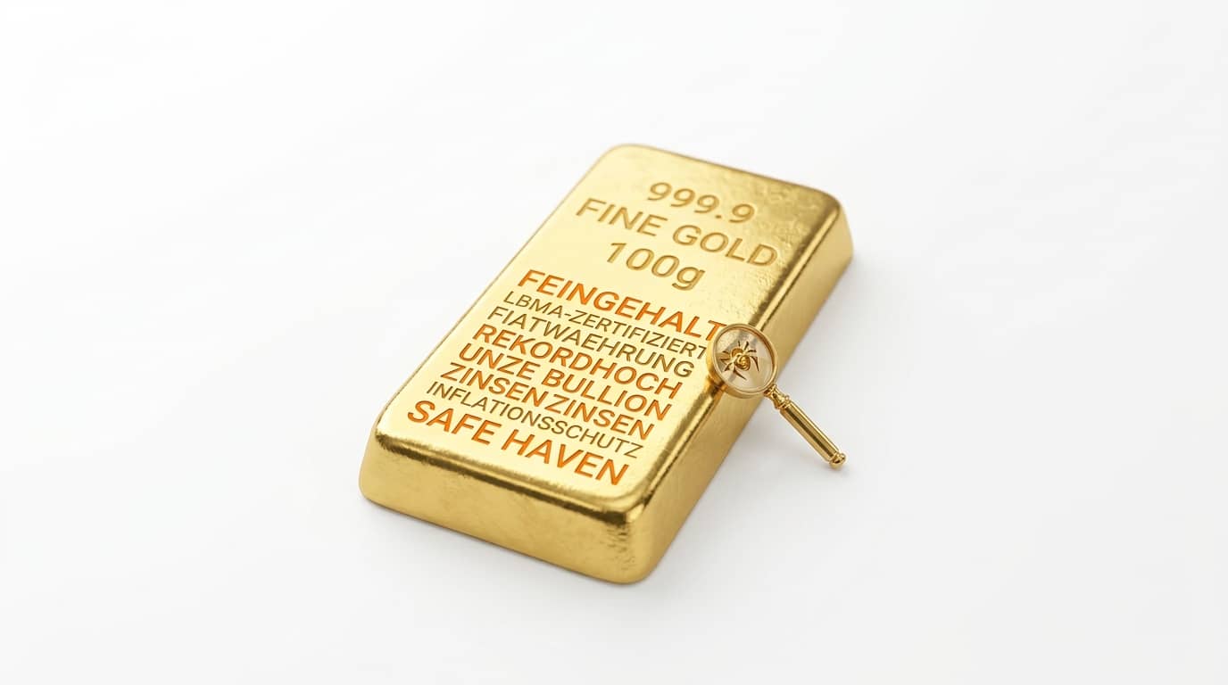 Ein 100g-Goldbarren mit Gravuren und einer kleinen Lupe, isoliert auf weißem Hintergrund