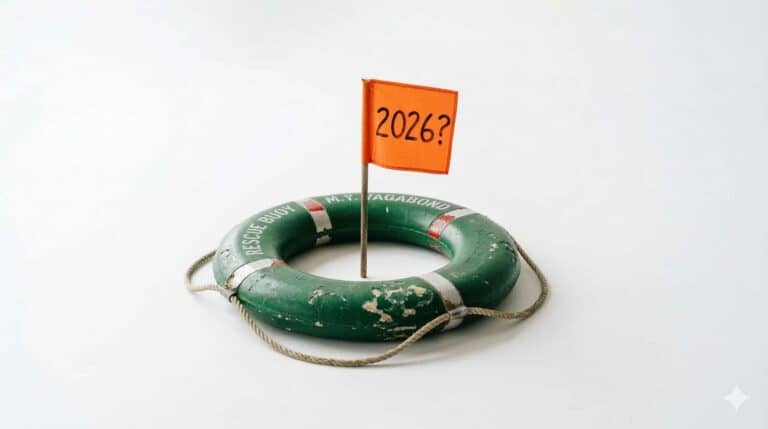 Ein einzelner grüner Rettungsring liegt flach auf weißem Grund. In seiner Mitte steckt ein kleines orangefarbenes Fähnchen mit der Aufschrift „2026?". Der Ring ist leicht abgenutzt, die Farbe stellenweise abgeblättert. Viel Freiraum drumherum. Apple minimalistisches Whitespace Design, reales Foto, Format 16:9