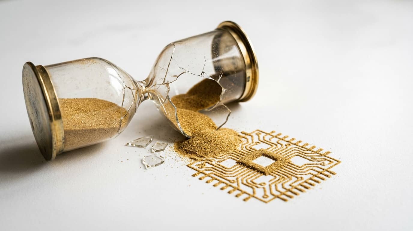 Zerbrochene Sanduhr, aus der Goldsand zu einem Chip-Muster auf weißem Grund rieselt