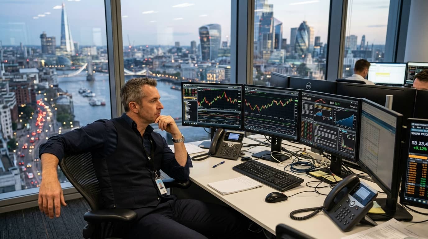Händler an einem Schreibtisch vor Monitoren mit Blick auf die Londoner Skyline
