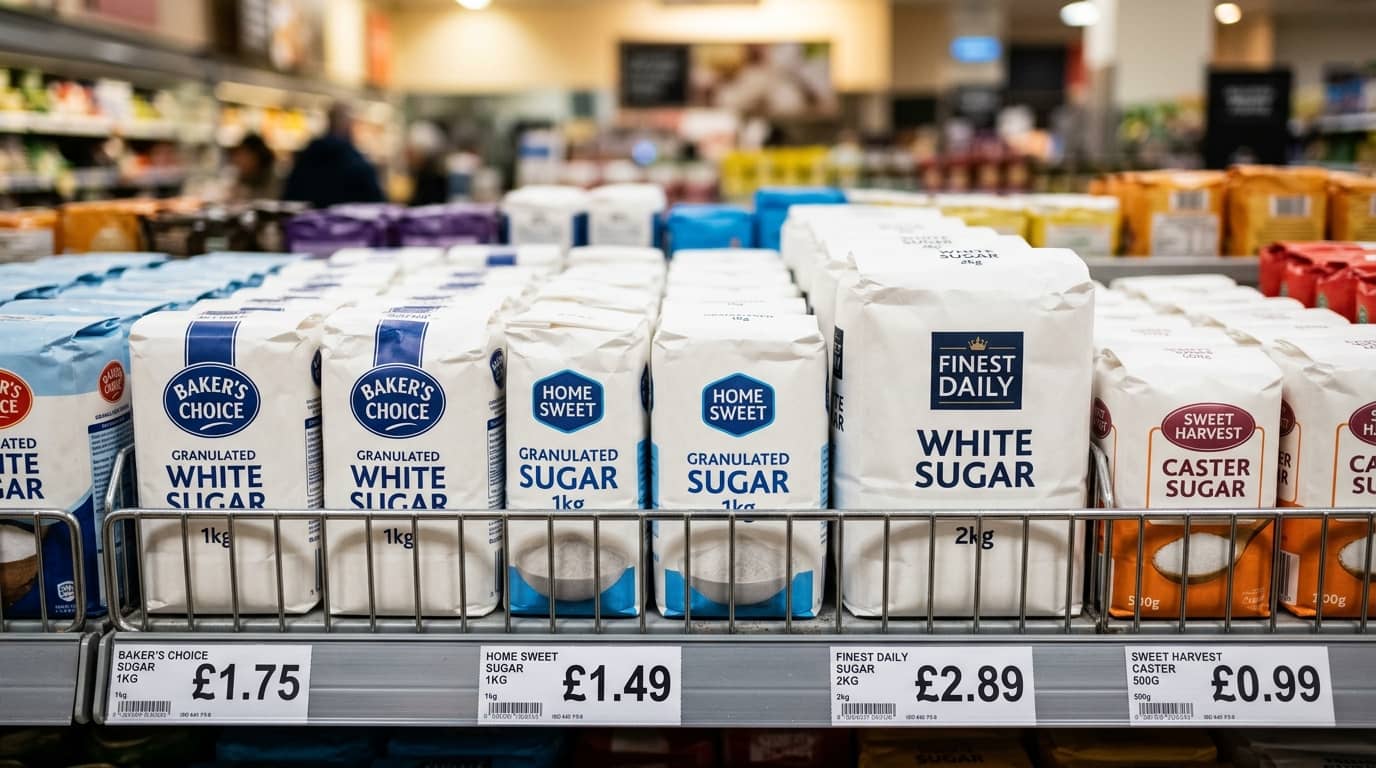 Verschiedene Zuckerverpackungen stehen in einem Supermarktregal mit Preisschildern