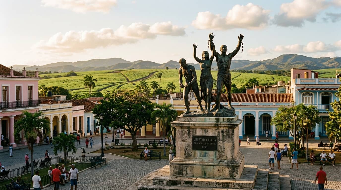 Plaza Mayor in Trinidad, Kuba, mit Monument im Vordergrund und Bergen im Hintergrund